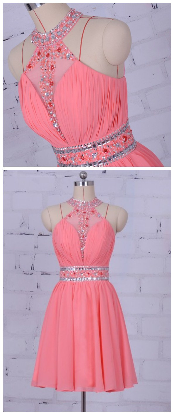 Lorie Homecoming Dresses 8 Grade Graduation Dresses Halter Beaded With Stones A-line Chiffon Pink Beautiful Dresses For Teens
