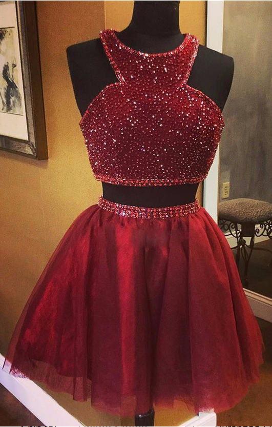 Red Sleeveless Luxury A-line Two-piece Bead Homecoming Dresses