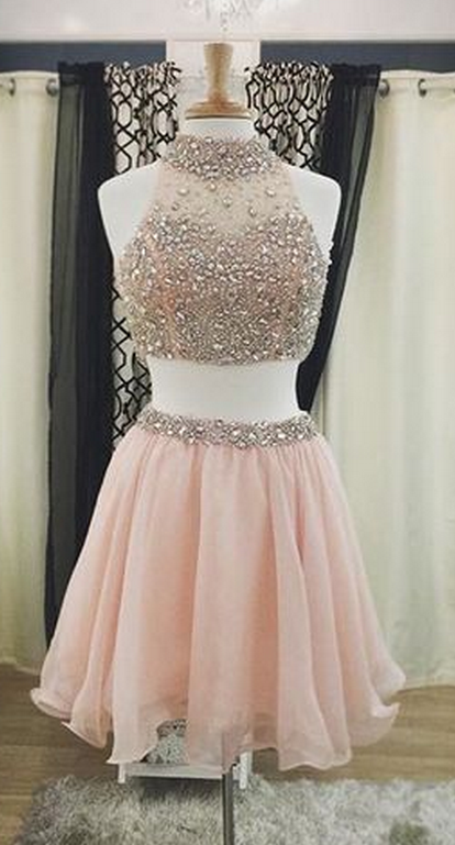 Blush Short Pink Luxury Two-piece Halter-neck Crystals Homecoming Dresses