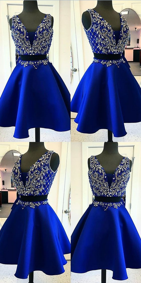 Two Pieces Homecoming Dresses,royal Blue Homecoming Dresses,beaded Homecoming Dresses,short Prom Dresses,party Dresses