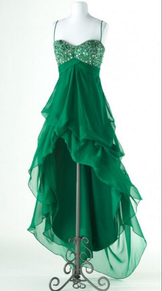Green Chiffon Homecoming Dresses, Hi-low Homecoming Dresses, Rhinestone Homecoming Dresses, Spaghetti