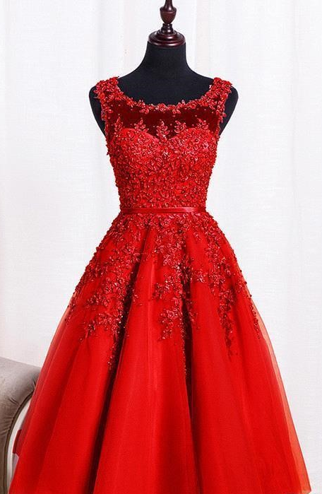 Knee Length Homecoming Dress,Applique Red Homecoming Dresses