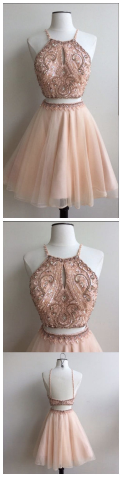 Homecoming Dresses Short Beads Two Piece Straps Short Homecoming Dress With Key Hole