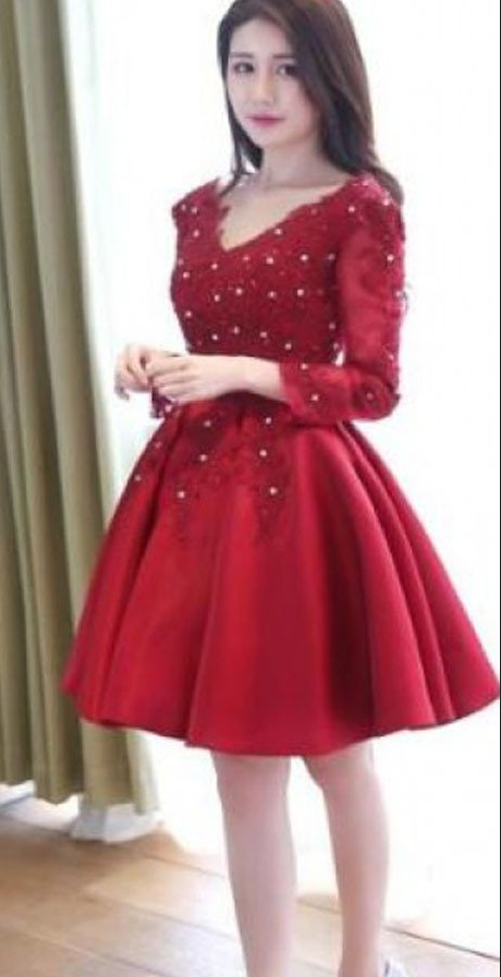 Long Sleeve Red Stain V-neck Homecoming Prom Dresses