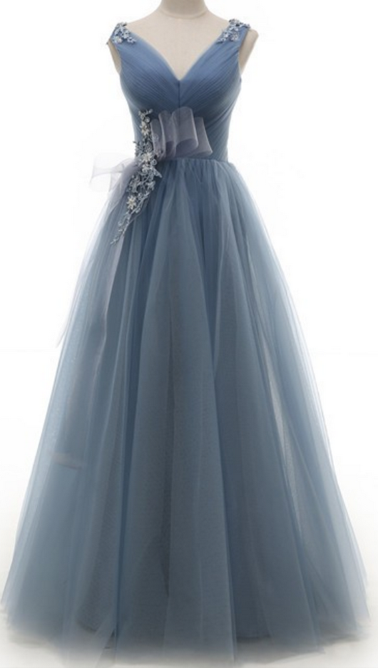 Grey Prom Dresses With Lace Up Appliques Custom Made V Neckline Long Party Dress