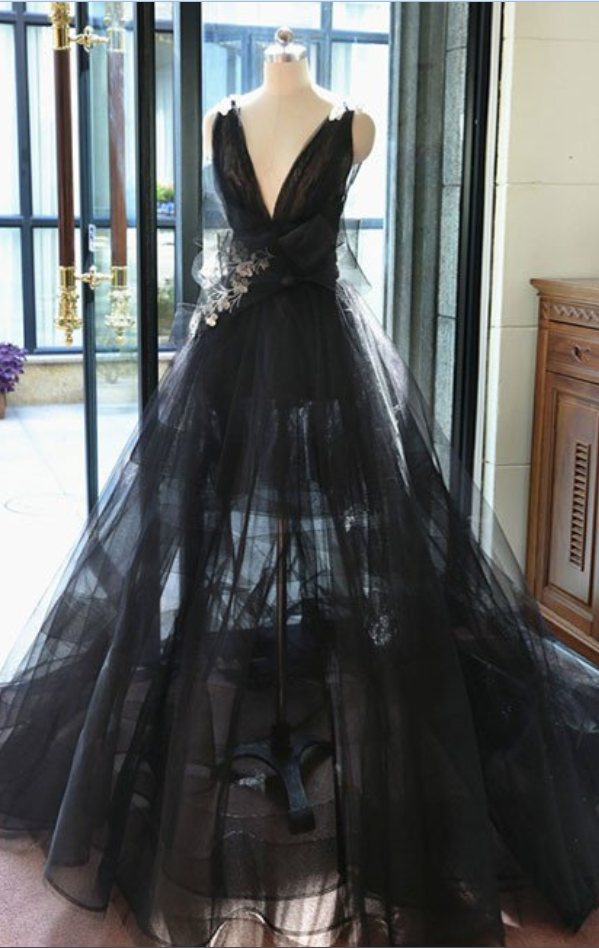 Black V Neck Tulle Long Prom Dress, Black Evening Dress