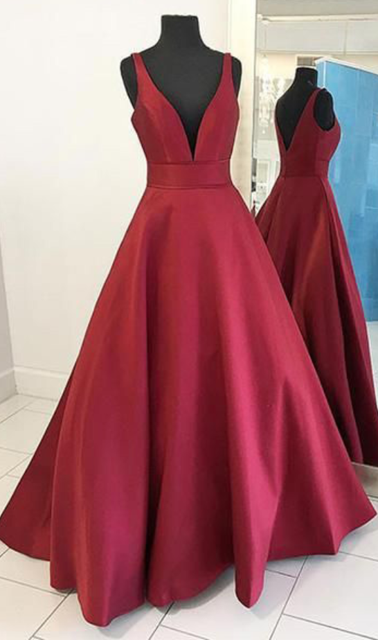 Burgundy Deep V-neck Long Prom Dresses, Sleeveless Floor-length Prom Dress,burgundy Evening Dress,simple Satin Prom Dress