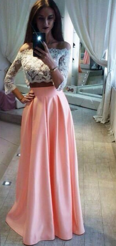 Elegant Lace Two Pieces Formal Dress A-line Off The Shoulder Pink Prom Dress