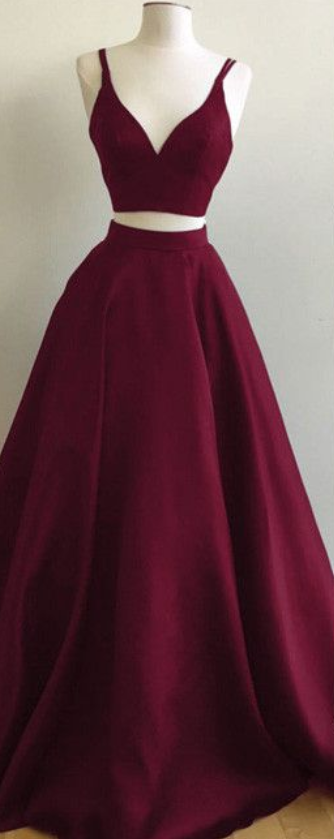Burgundy A-line Straps Two Piece Formal Dress Sleeveless Elegant Prom Dress