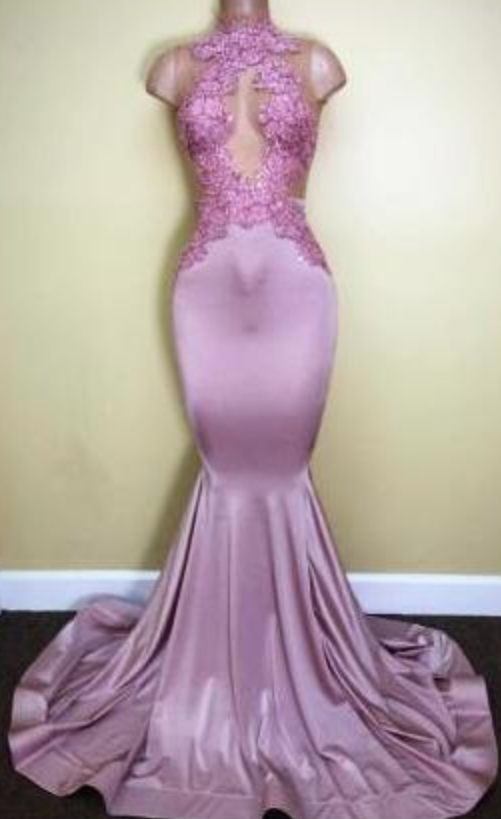 Appliques Mermaid Sleeveless Sweep-train Newest High-neck Prom Dress