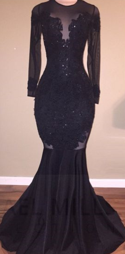 Sexy Appliques Long Sleeves Black Backless Mermaid Prom Dress