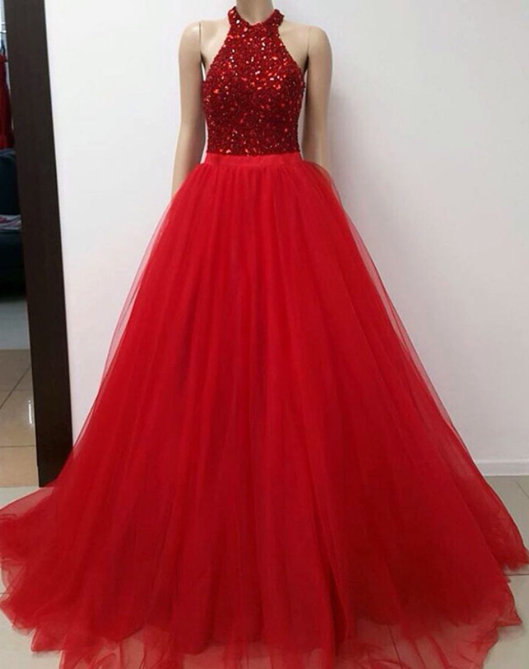 Halter Prom Gowns,crystal Beaded Prom Dress,tulle Prom Dress,ball Gowns Prom Dresses,long Evening Dress