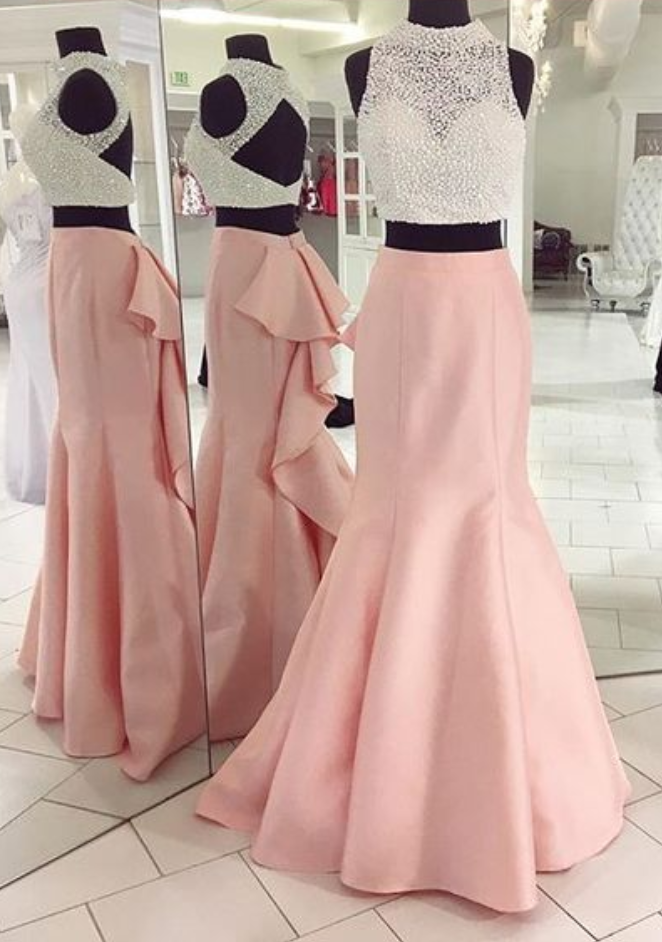 Crop Top Prom Dress, Sexy Two Piece Long Prom Dress 2017, Pink Mermaid Prom Dress, Beaded Prom Dress, Semi Formal Prom Dress, Charming Prom