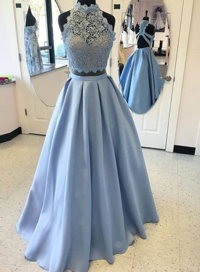 Blue Two Pieces Lace Long Prom Dress, High Neck Prom Dress, A-line Prom Dress, Backless Prom Party Dress, Blue Lace Evening Dress, 2 Pieces Prom