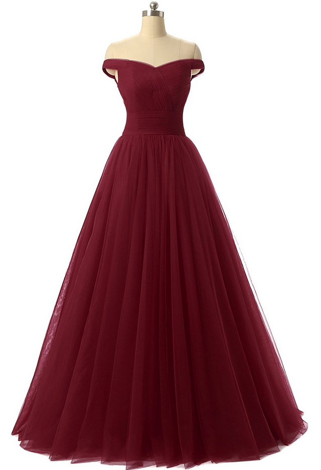 A-line Tulle Prom Formal Evening Dress, Sexy Burgundy Prom Dresses, Red Prom Dress, Tulle Prom Dress, Off The Shoulder Prom Dress, Homecoming