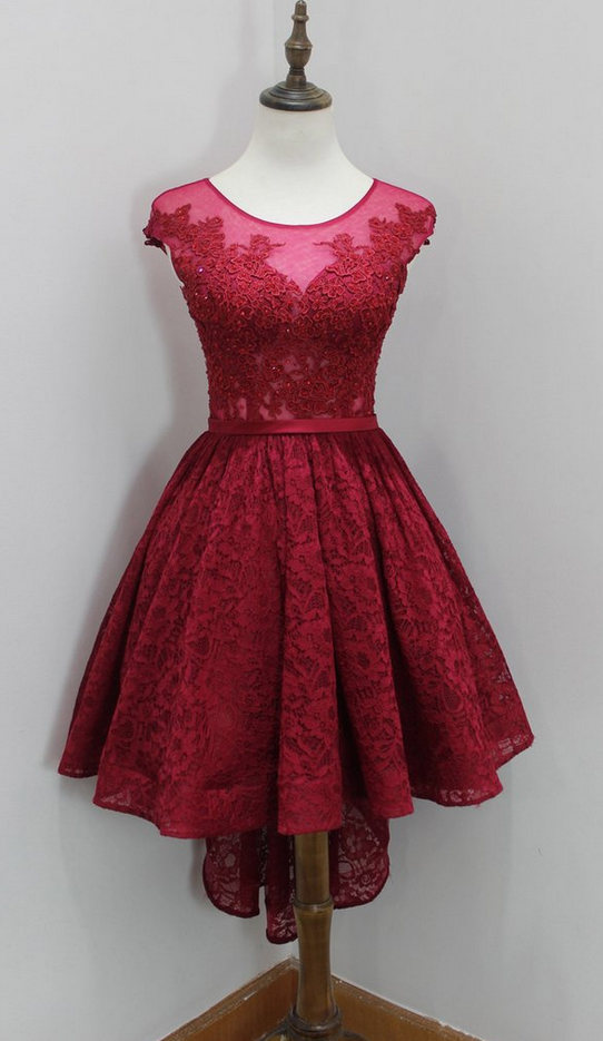 Wine Red Lace Prom Dresses, High Low Prom Dress, Round Neckline Prom Dresses, Burgundy Homecoming Dresses, High Low Formal Dresses, Short Evening