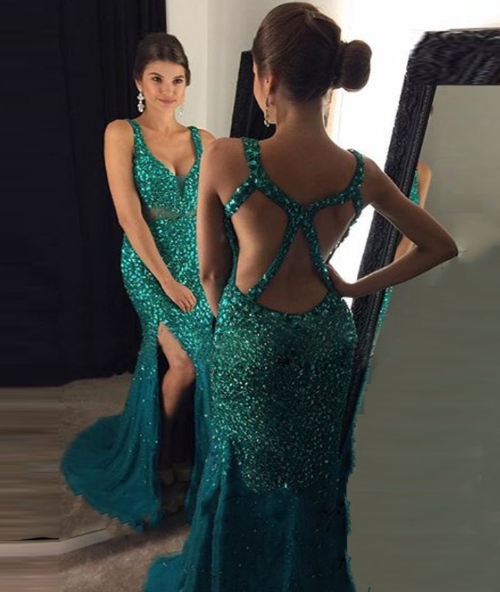 emerald green and gold prom dress