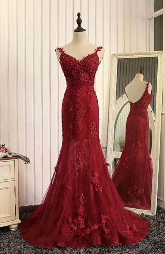 Red Tulle Lace Applique V-neck Open Back Long Prom Dresses, Mermaid Dresses, Burgundy Prom Dress, Charming Lace Prom Dress, Formal Dress, Woman