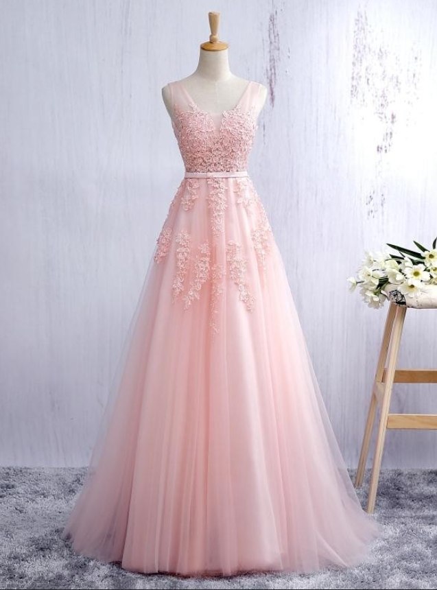 2017 Gorgeous Pink V Neck Tulle Prom Dress, Open Back A Line Formal Gown With Lace Appliques