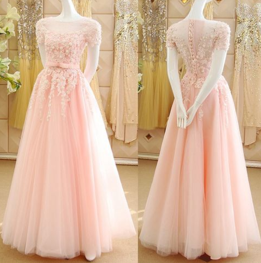 Pink Princess Prom Dresses With Lace Appliques, Illusion Prom Dress With Short Sleeves, See-through Tulle Prom Dresses,charming Evening Dress