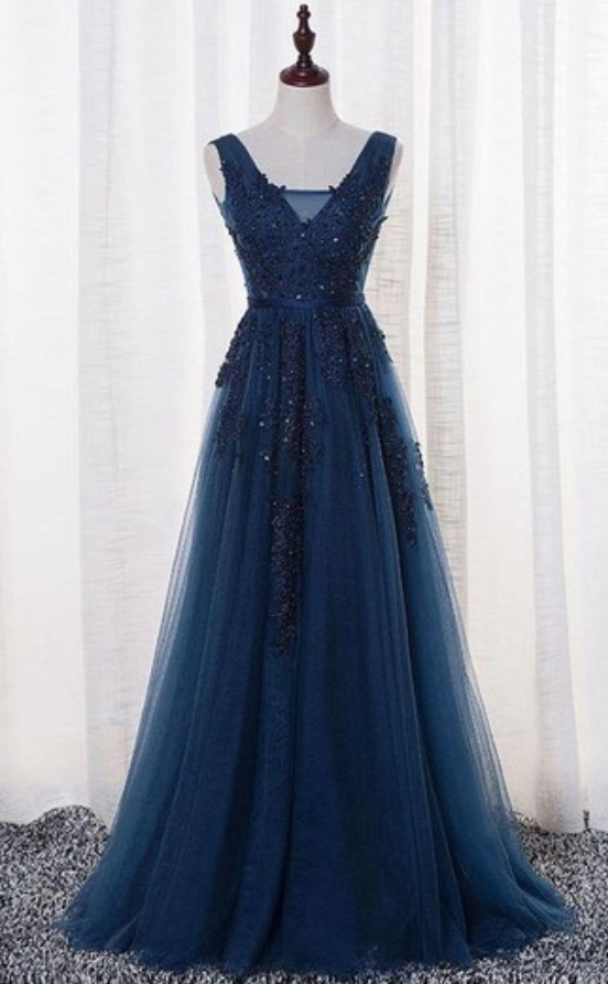 navy blue open back prom dress BABARONI BABARONI Tulle Lace Dark Navy Prom Dresses A-line Sweetheart Spaghetti Straps Appliqued Ruched, Dark Navy / US0
