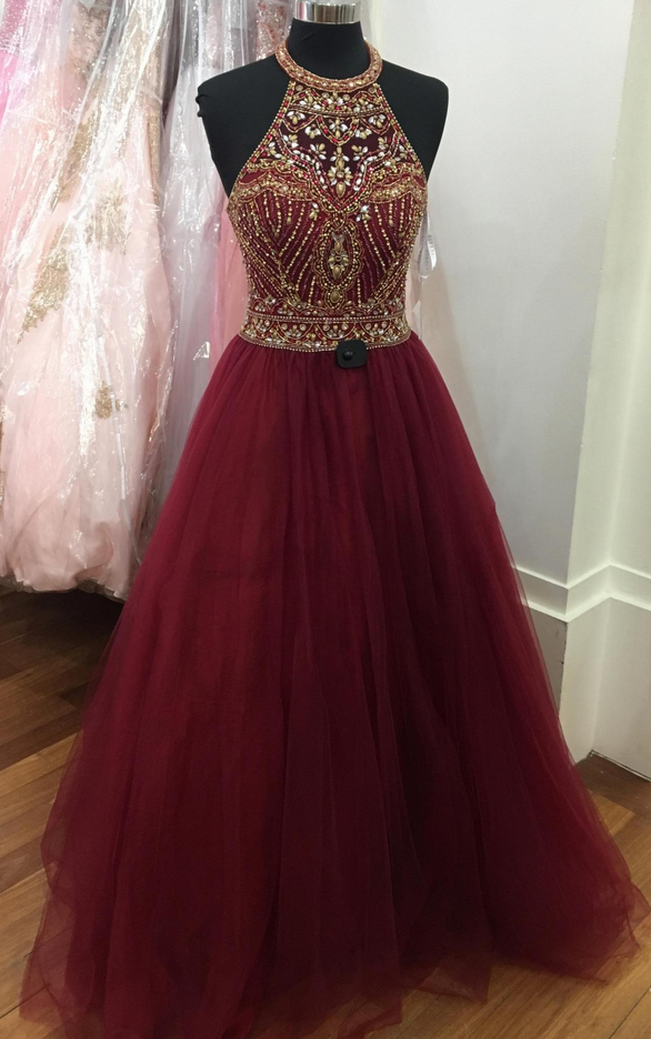 Gorgeous Beaded Burgundy Prom Dress, Tulle Halter Pageant Gown, Formal Gown
