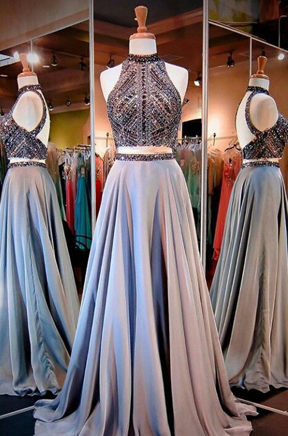 Prom Dress,glamorous Two Piece High Neck Open Back Long Prom Dress With Beading