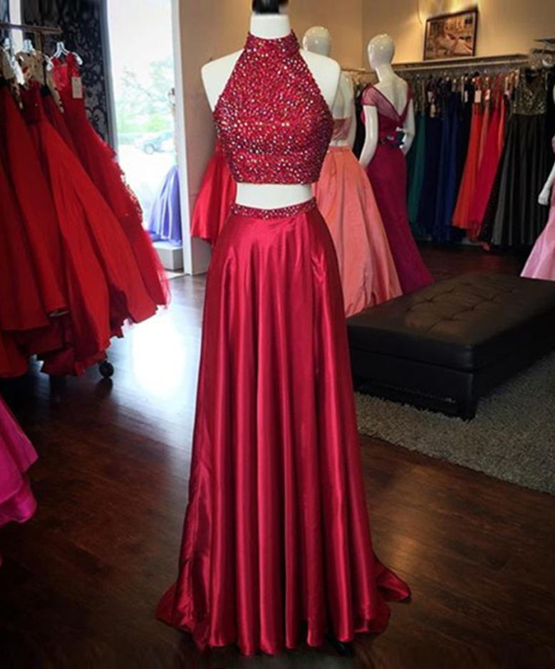 Prom Dresses,long Prom Dresses,red High Neck Two Piece Evening Dresses Online Sleeveless Split Prom Dress With Beads