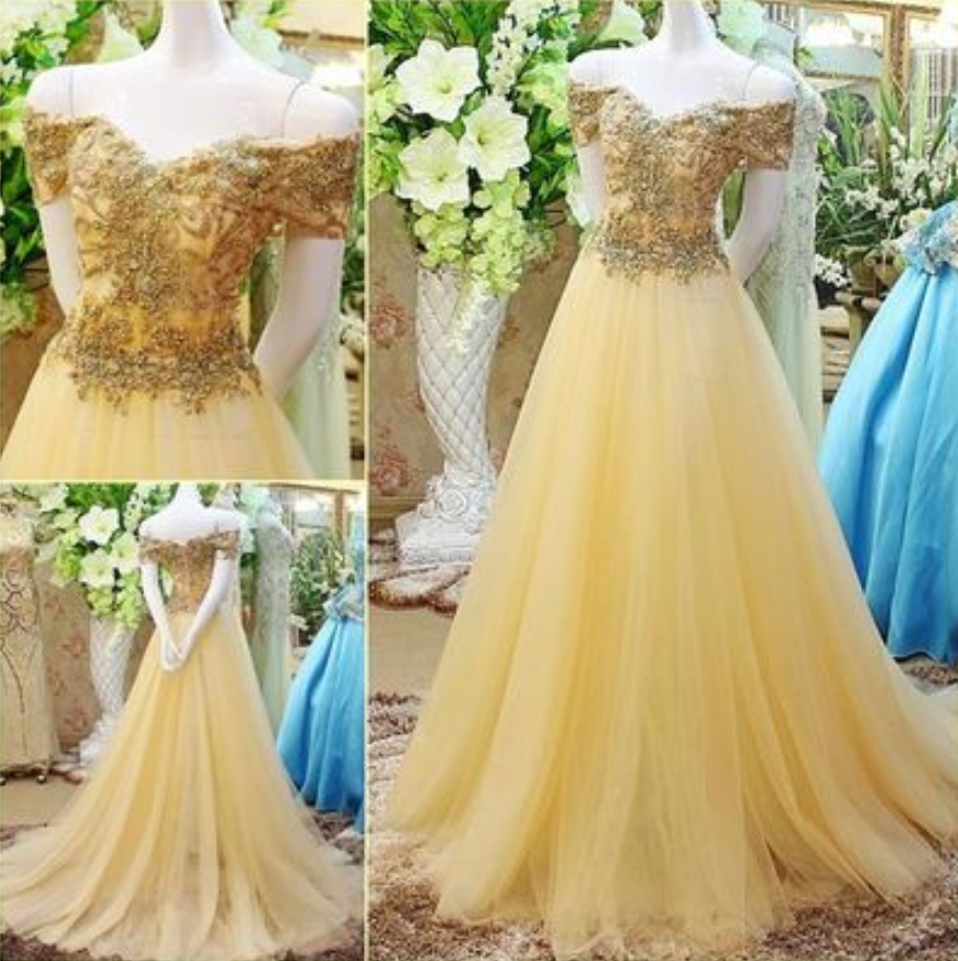 Prom Dresses,2017 Long Yellow Tulle Off The Shoulder Evening Dress