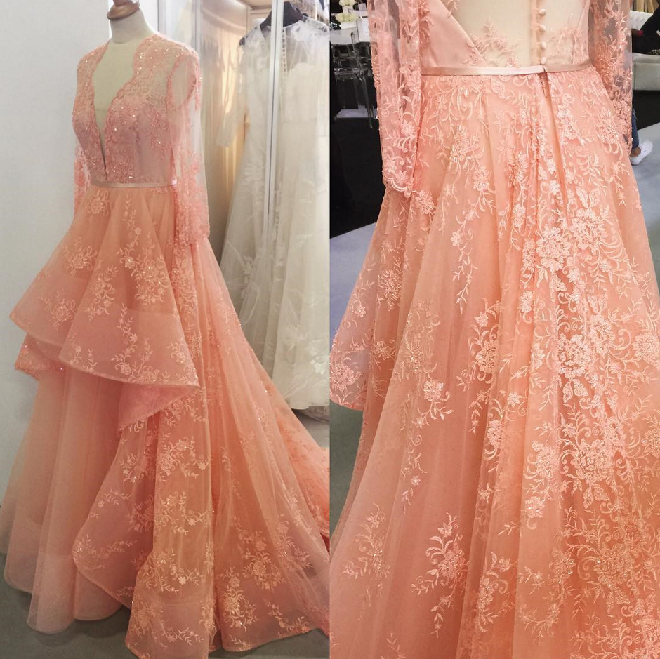 Prom Dress,modest Prom Dress,coral Prom Dresses,lace Prom Dresses,long Sleeves Prom Dresses,formal Evening Gowns,elegant Prom Dress 2017