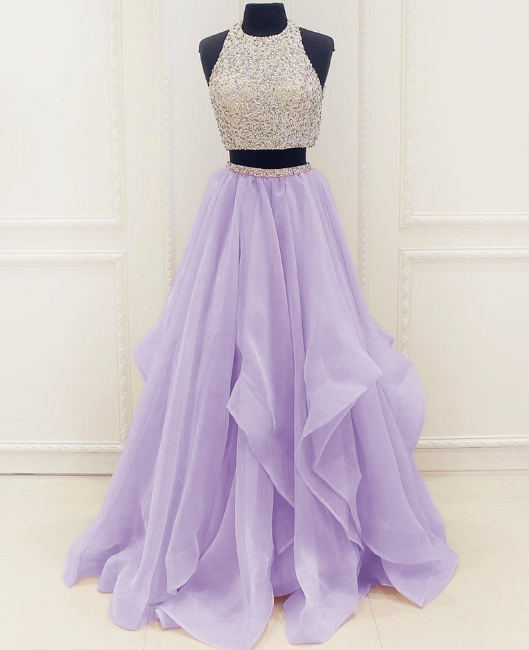 Sleeveless Sequinned Two-piece Organza Ruffled Prom Dress, Evening Dress