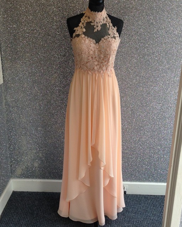 Prom Dress,modest Prom Dress,elegant Lace Halter Long Chiffon Champagne Prom Dresses 2017 Prom Dress