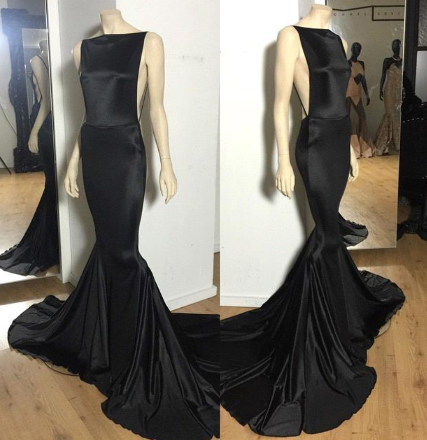 Prom Dresses,sexy Long Open-back Black Mermaid Court-train Sexy Evening Dress
