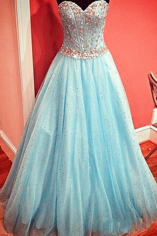 Prom Dresses,prom Dress,gorgeous Sparkly Baby Blue Prom Dress Sweetheart Evening Gowns With Crystals Belt