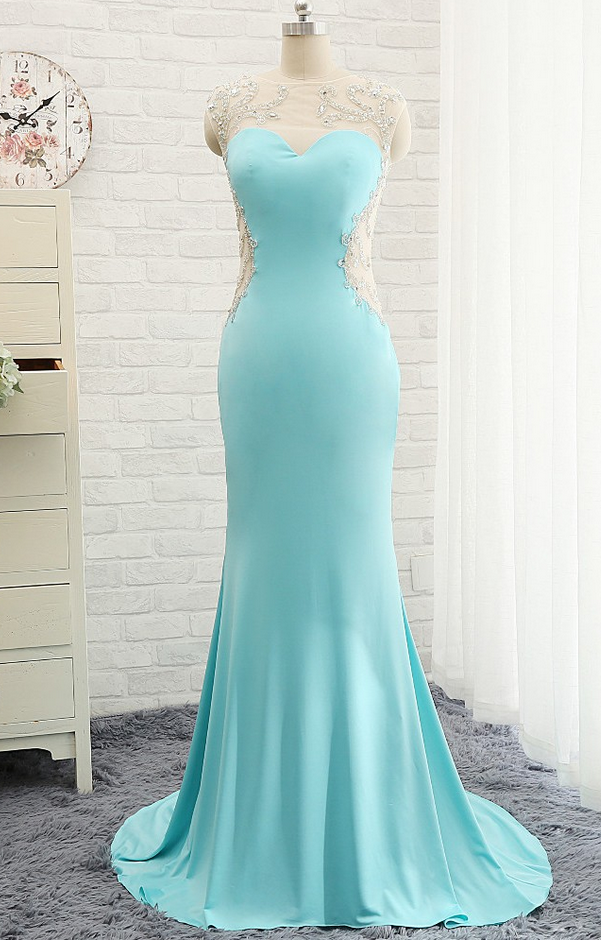 Modest Prom Dresses,sexy Prom Dress,goregeous Blue Crystal Summer Prom Dresses Mermaid Long Open Back Evening Gowns