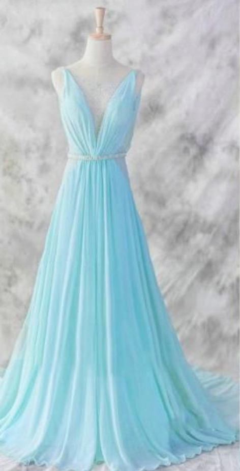 Prom Dress,light Blue Chiffon Long Prom Dresses,elegant A-line V-neck Chiffon Prom Dresses