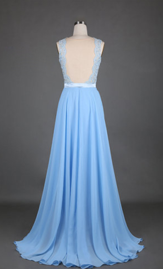 Blue Chiffon Lace Prom Dress with Ribbon Sleeves – loveangeldress