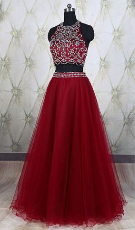 2 Piece Prom Gown,two Piece Prom Dresses,red Evening Gowns,2 Pieces Party Dresses,tulle Evening Gowns,sparkle Formal Dress For Teens