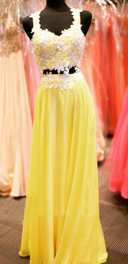 2016 Beaded Prom Dresses,beading Prom Dress,yellow Prom Gown,2 Pieces Prom Gowns,elegant Evening Dress,lace Evening Gowns,2 Piece Evening