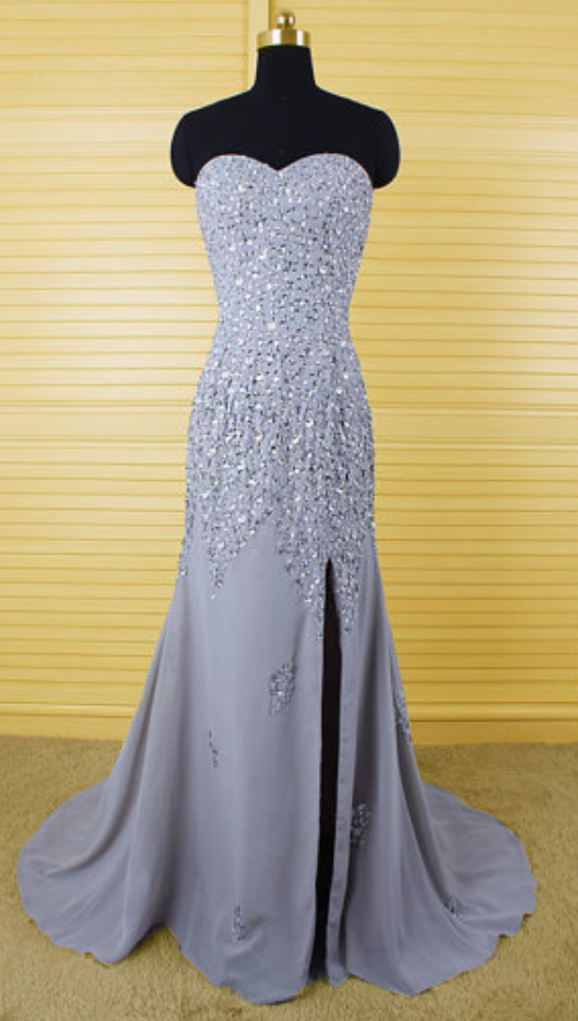 Custom Made Grey Sweetheart Neckline Crystal Embellished Chiffon High Split Evening Dress, Prom Dresses, Wedding Dresses