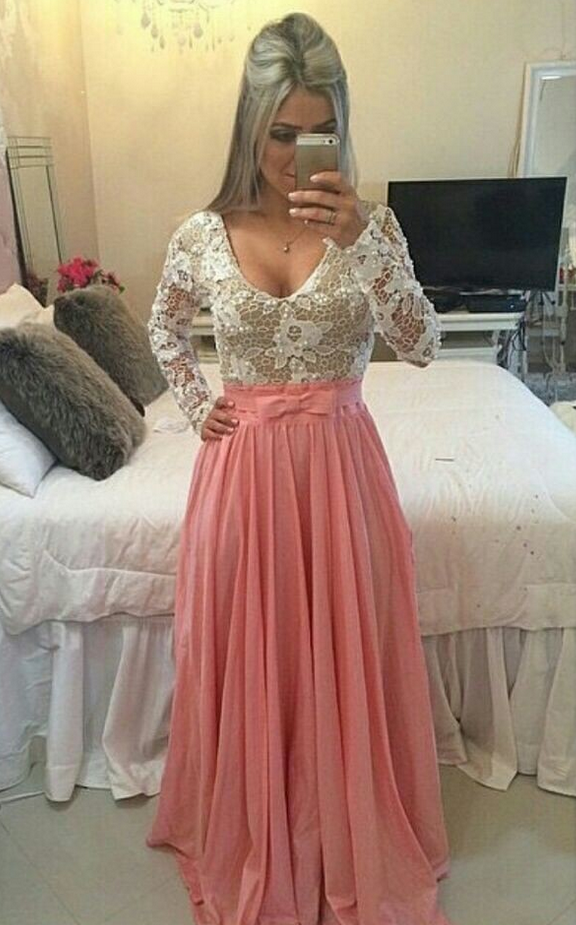 Pink Prom Dress,2016 Prom Dress,white Lace Prom Gown,backless Prom Dresses,sexy Evening Gowns, Fashion Evening Gown,long Sleeves Party Dress For