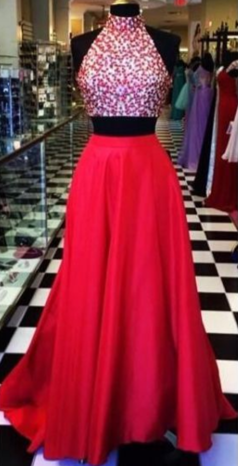 Red Prom Dresses,2 Piece Prom Gown,two Piece Prom Dresses,satin Prom Dresses, Style Prom Gown,2016 Prom Dress,backless Prom Gowns