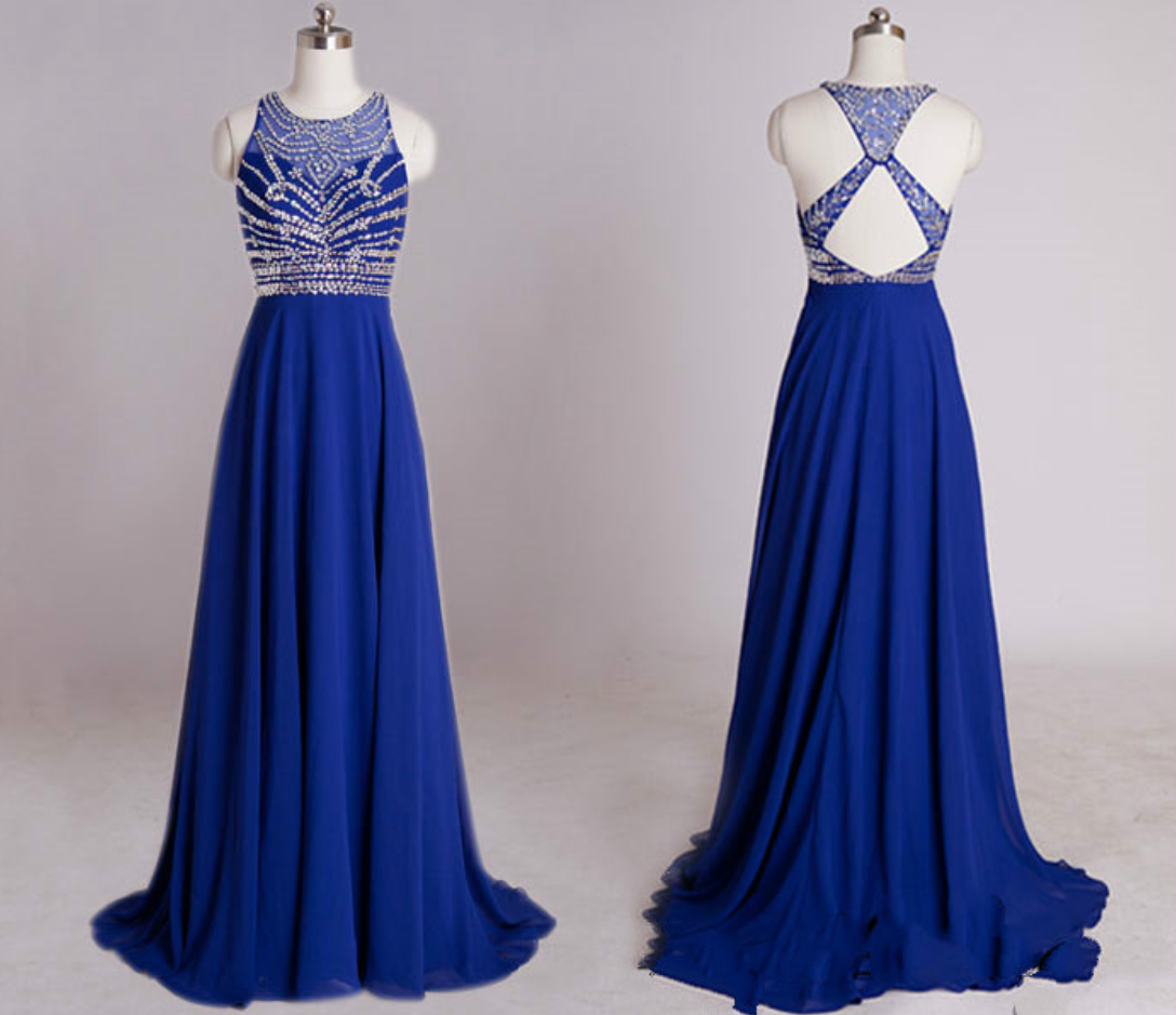 Backless Prom Dresses,Royal Blue Prom Dress,Open Back Formal Gown,Open Backs Prom Dresses,Halter Evening Gowns,Chiffon Formal Gown for Senior