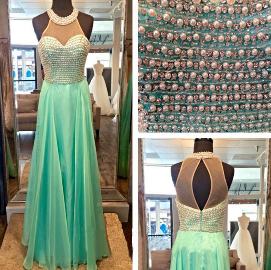 Mint Green Halter Sheer Beaded A-line Chiffon Floor-length Prom Dress, Evening Dress Featuring Keyhole Back