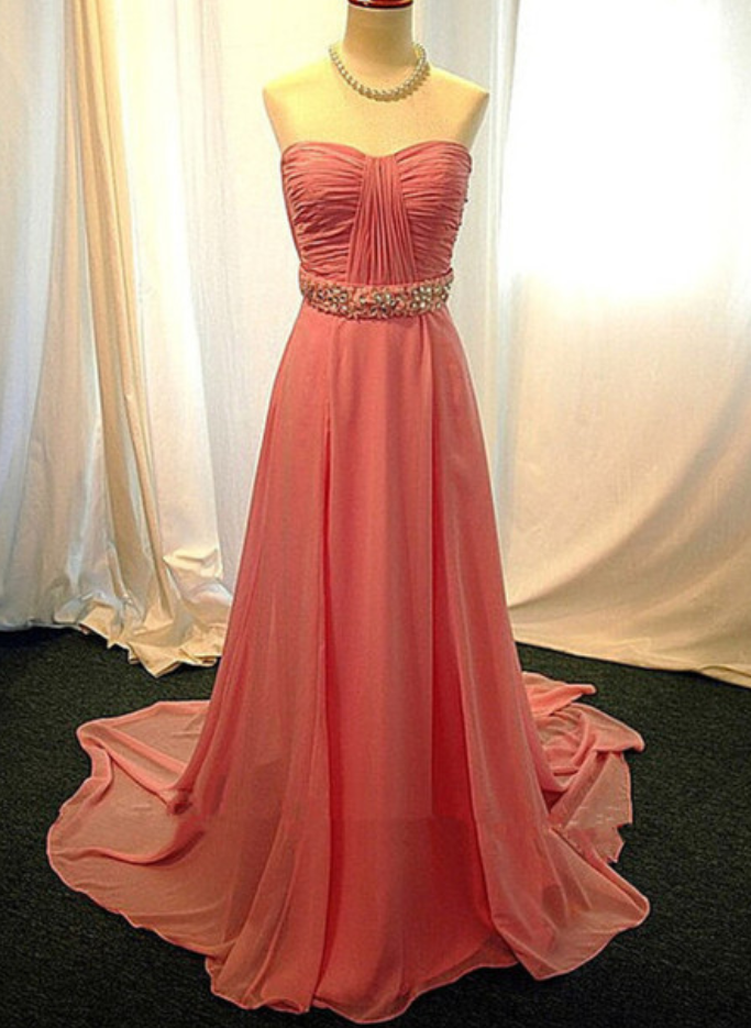 Pink Ruched Sweetheart Neckline Chiffon Long Prom Dress With Crystal Embellished Waistline