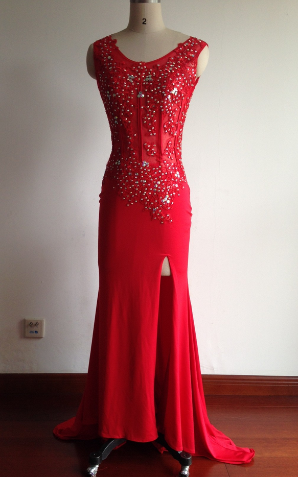 2016 Fashion Prom Dresses,red Prom Dress,slit Formal Gown,red Prom Dresses,beaded Evening Gowns,sexy Formal Gown For Teens