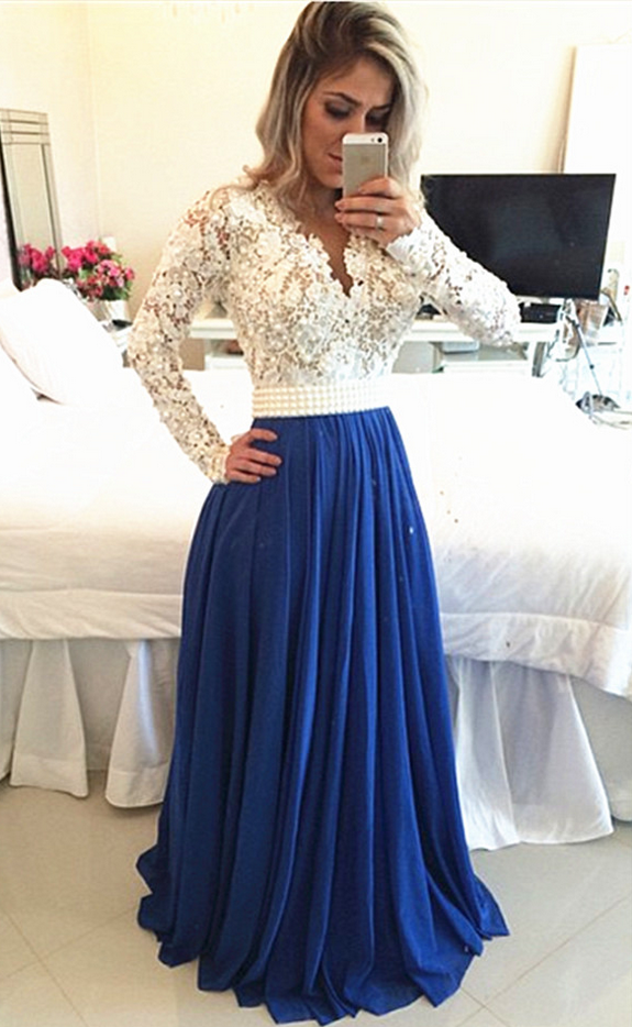 Lace Prom Dresses,princess Prom Dress,modest Prom Gown,royal Blue Prom Gown,elegant Evening Dress,chiffon Evening Gowns,long Sleeves Party Gowns
