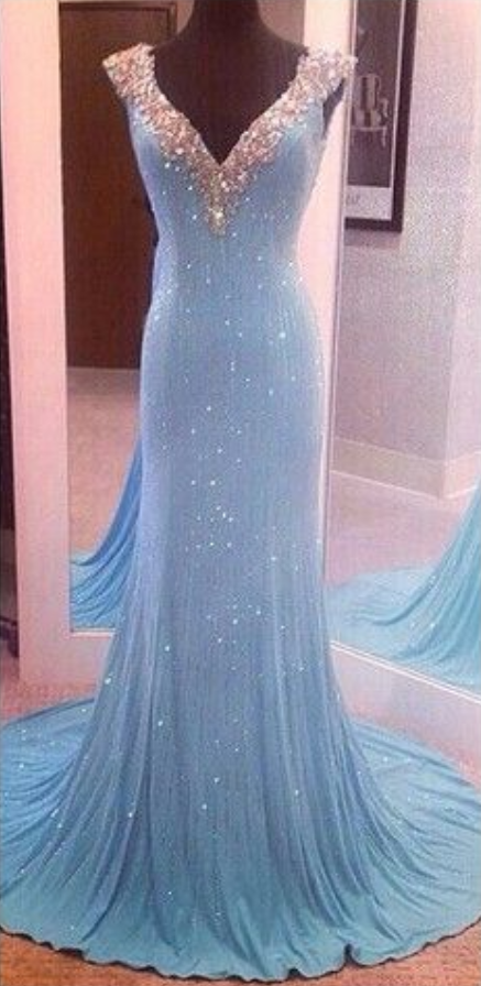 Light Blue Prom Dresses,sequin Evening Dress,sequined Prom Gowns,open Back Prom Gown,beautiful Formal Gown,v Neck Evening Dress,beaded Prom