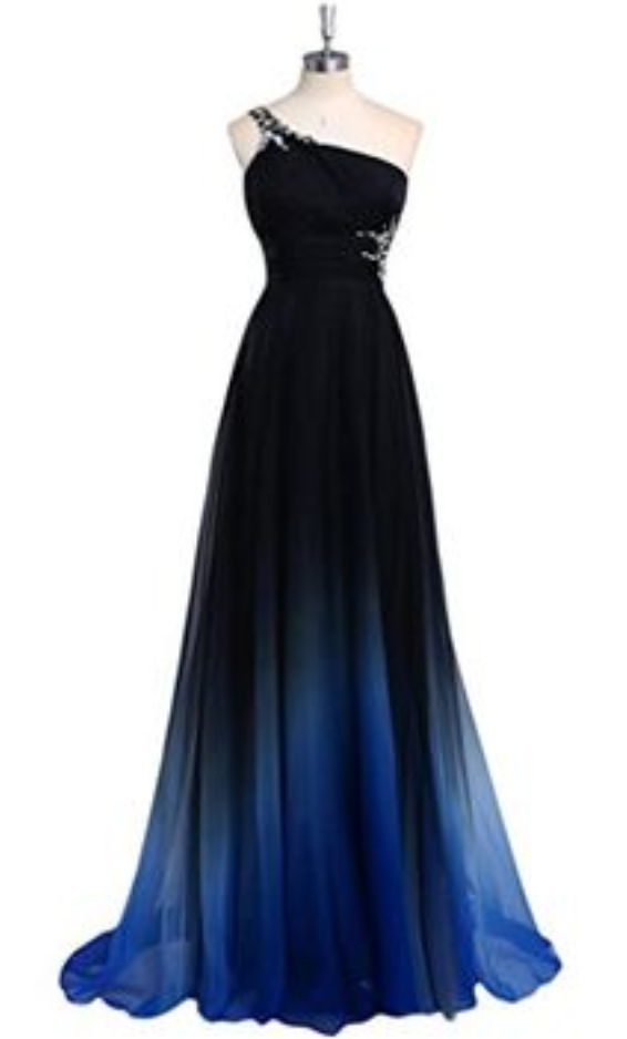 Gradient Prom Dress,ombre Evening Dress,beaded One Shoulder Prom Dresses,royal Blue Prom Gowns,chiffon Formal Gowns,teens Bridesmaid Gown For