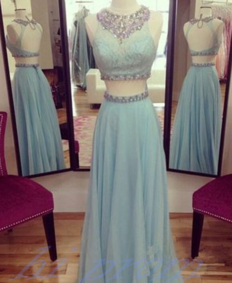 Light Blue Prom Dresses, 2 Piece Prom Gowns,2 Pieces Prom Dresses,open Backs Prom Dresses,backless Prom Gown,2015 Fashion Prom Dress With